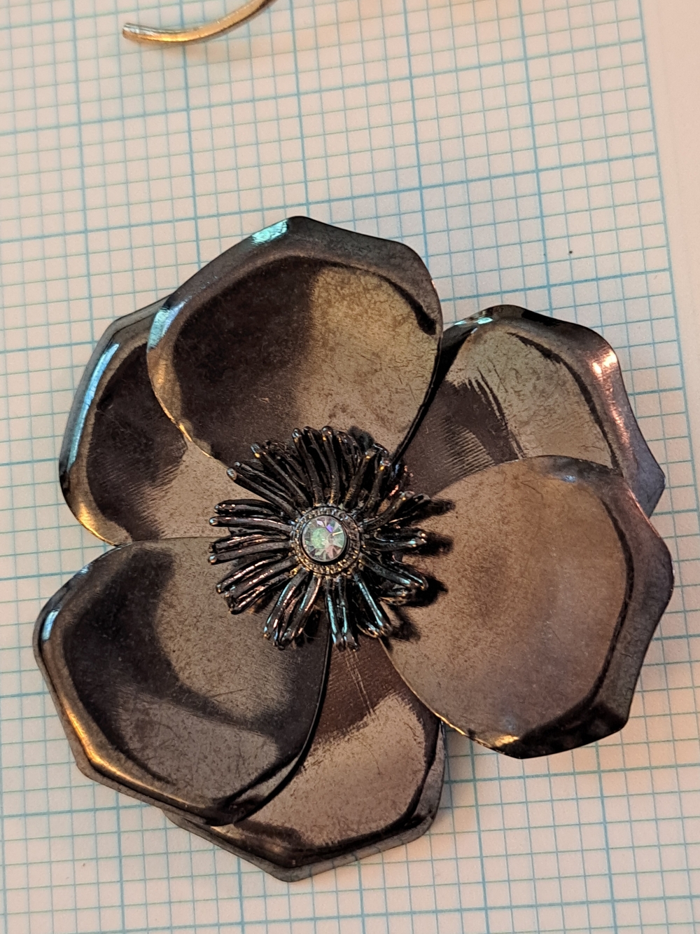 Vintage Gunmetal Floral Brooch Pin with Crystal Center